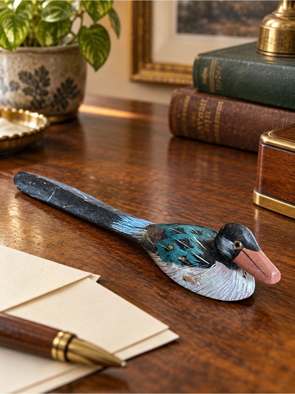 Vintage Hand Carved Wood Duck Letter Opener Hand Painted Folk Art 7.25”